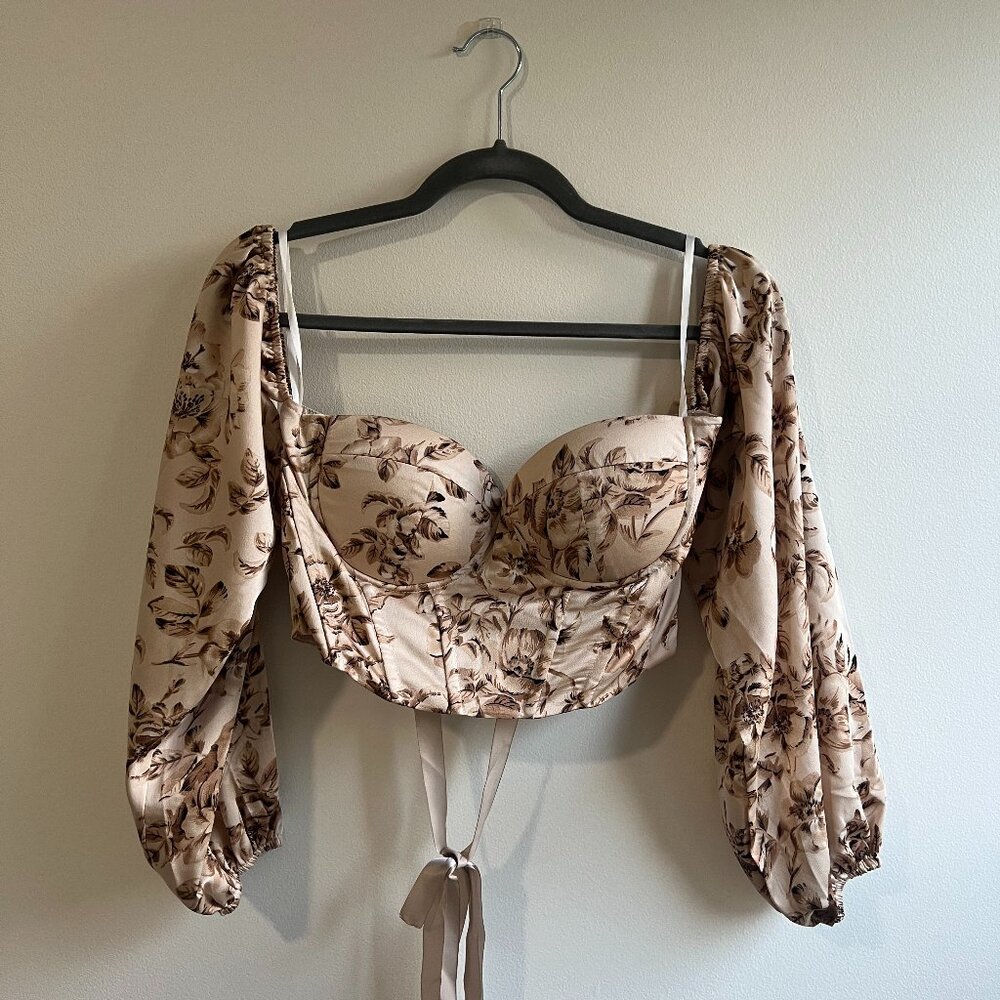 Beige floral bustier top with lace-up back